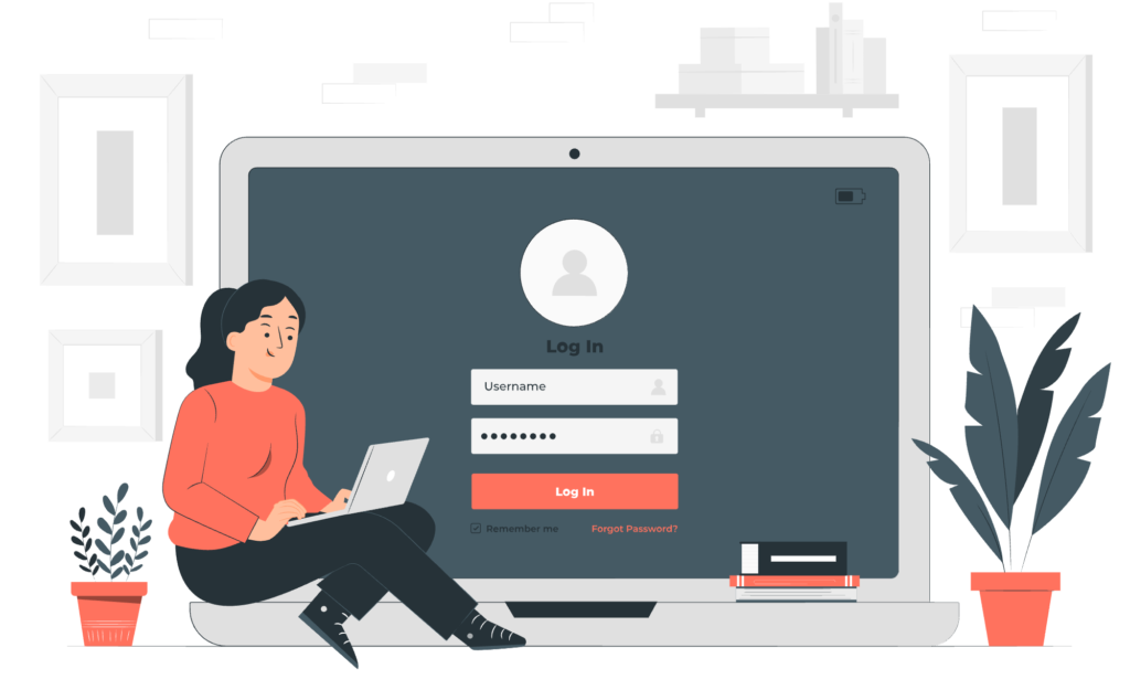 ノートパソコンでアカウント登録する女性のイラスト