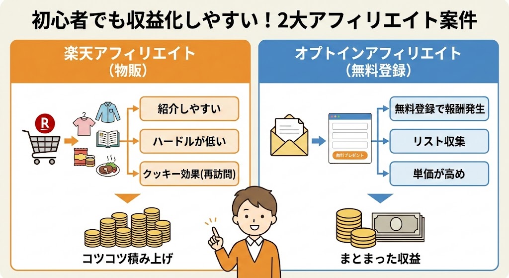 初心者でも収益化しやすい2大アフィリエイト案件（楽天・オプトイン）